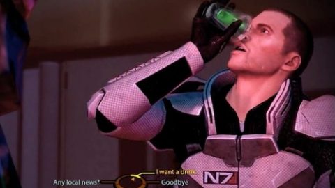 Seems Shepard has a drinking problem, he keeps missing his mouth