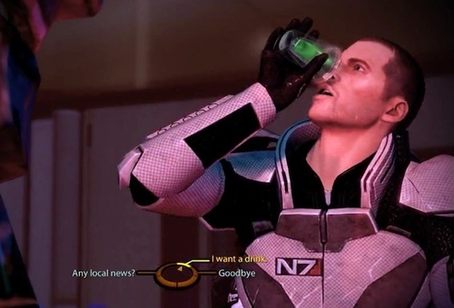 Seems Shepard has a drinking problem, he keeps missing his mouth